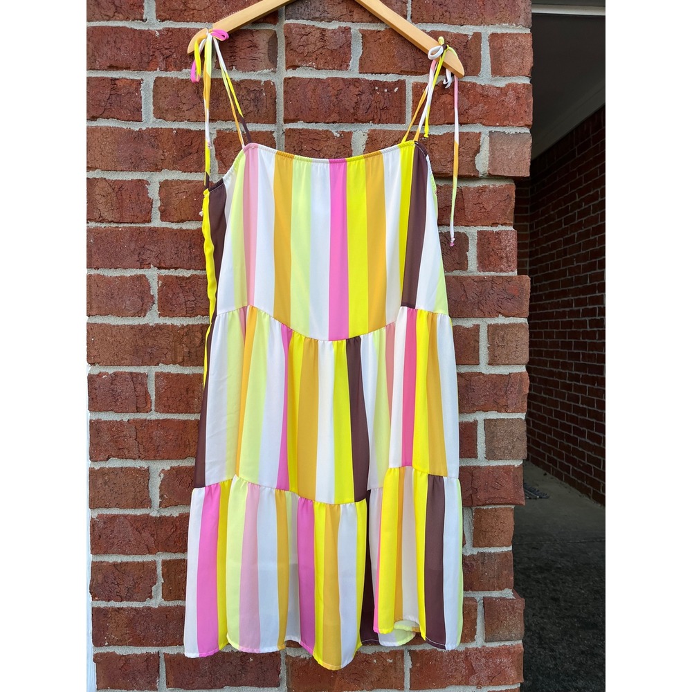 Peach Love California Striped Tiered Mini Dress Yellow Pink Large D30603-01